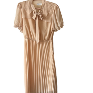 Elegant Beige Midi Dress with Bow Tie Neckline and pleated skirt size L